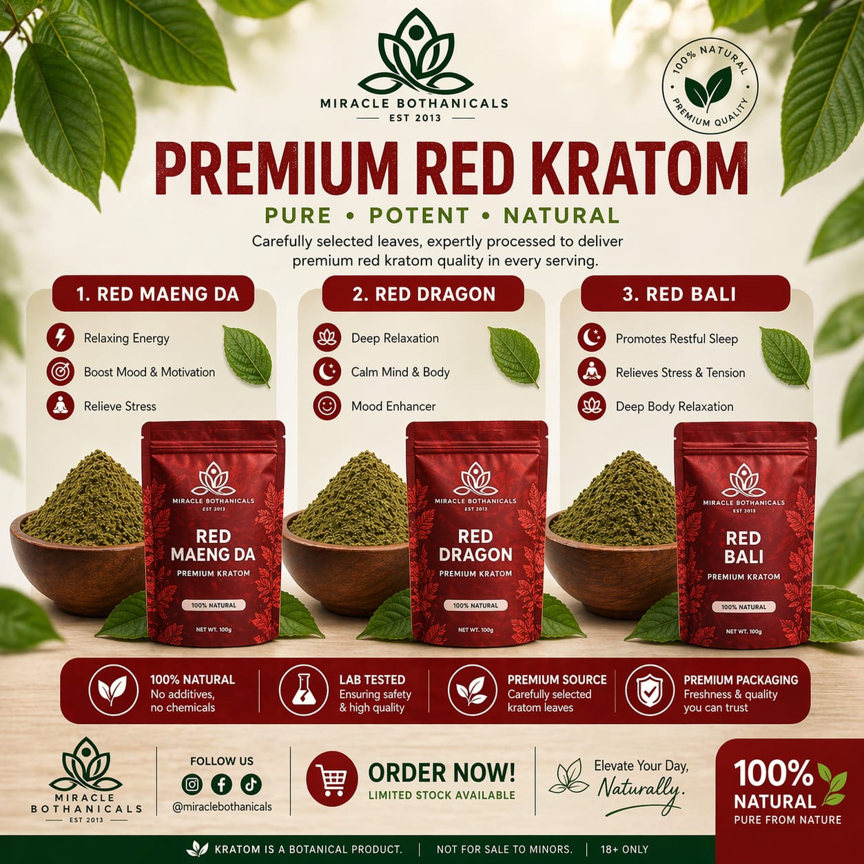Miracle Botanicals Red Strain kratom powder — relaxation and relief